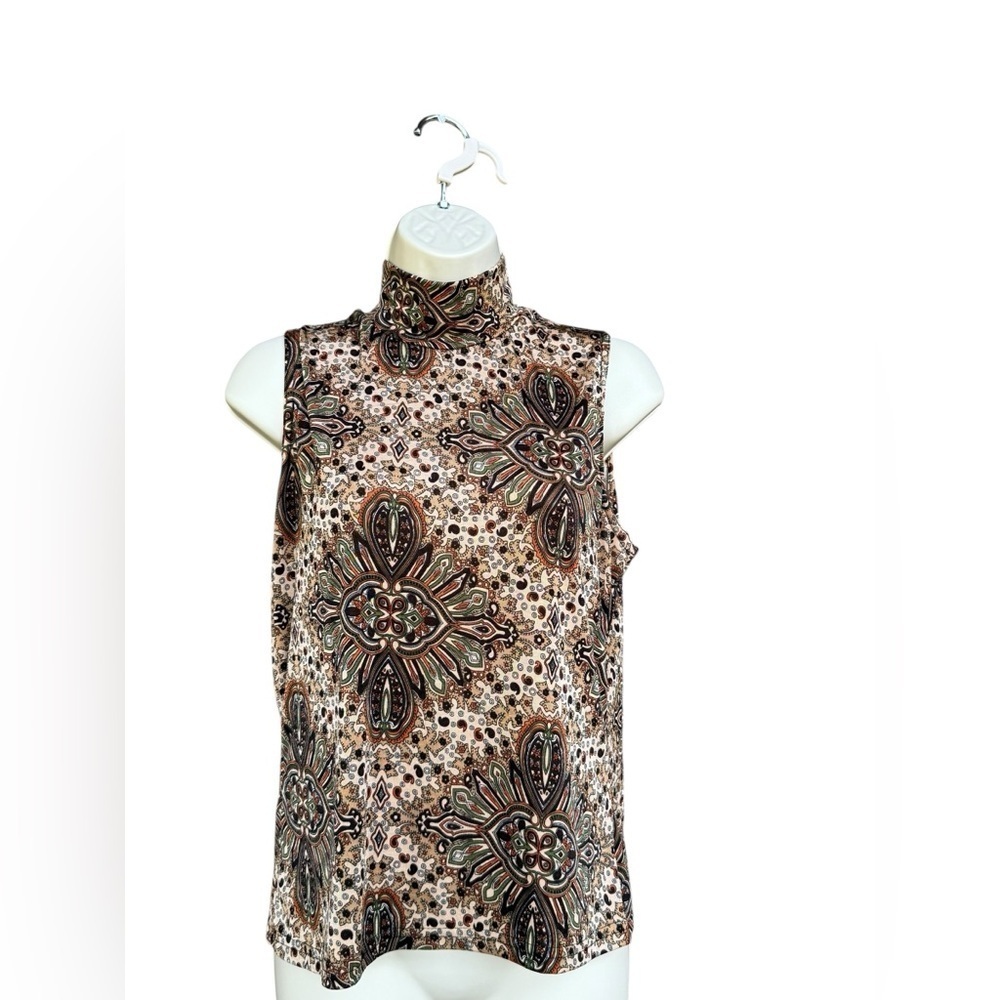 Susan Lawrence Mock Neck Sleeveless Top Brown Paisley Print Retro Y2K Boho Chic